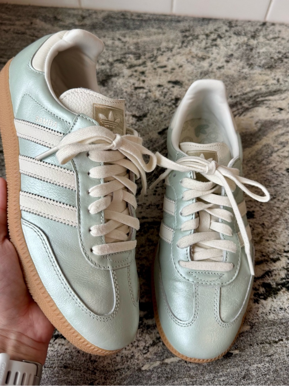 Adidas Samba in ‘Linen Green Metallic’. Size 8.5. EUC.